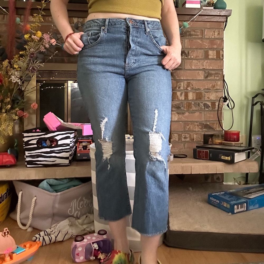 High waisted distressed denim jeans